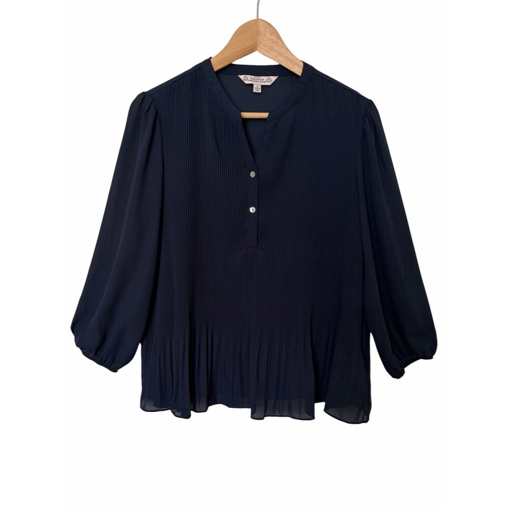 Eco Nanette Blue Pintuck Pleated Split V Neck 3/4 Sleeve Peplum Top Women Sz M